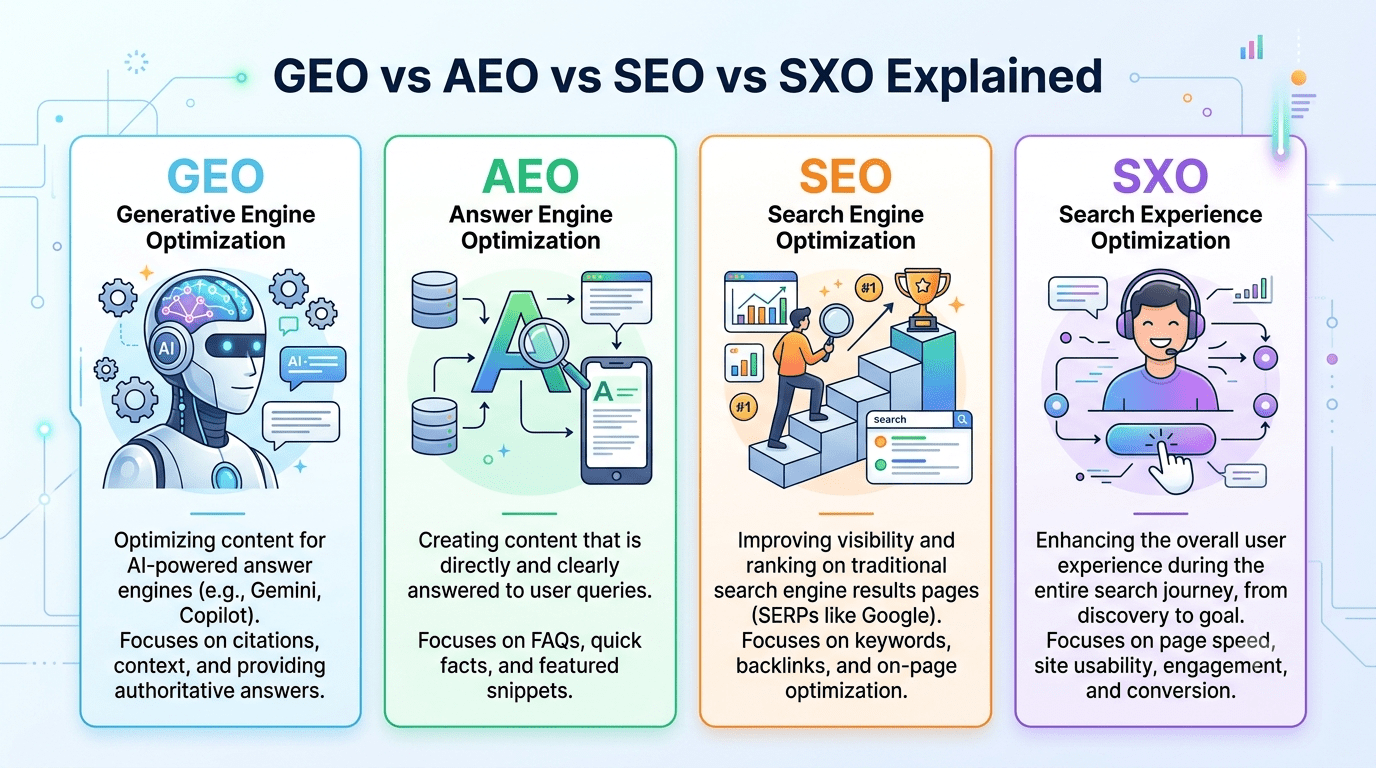 GEO vs AEO vs SEO vs SXO Explained: The Complete Guide to AI Search 1 GEO vs AEO vs SEO vs SXO Explained